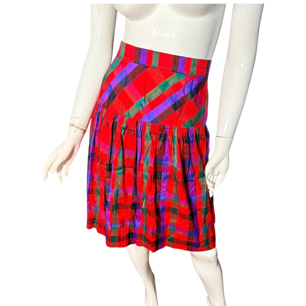Vintage JH Collectibles Plaid Silk mini Skirt Red‎ Green Purple 4 USA preppy